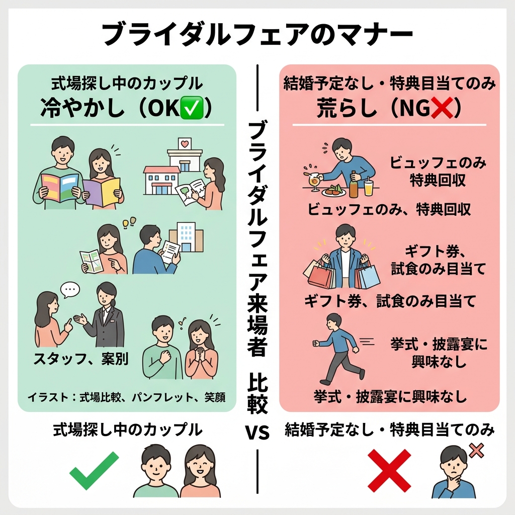 ブライダルフェアの冷やかし(OK)と荒らし(NG)の違いを示したインフォグラフィック