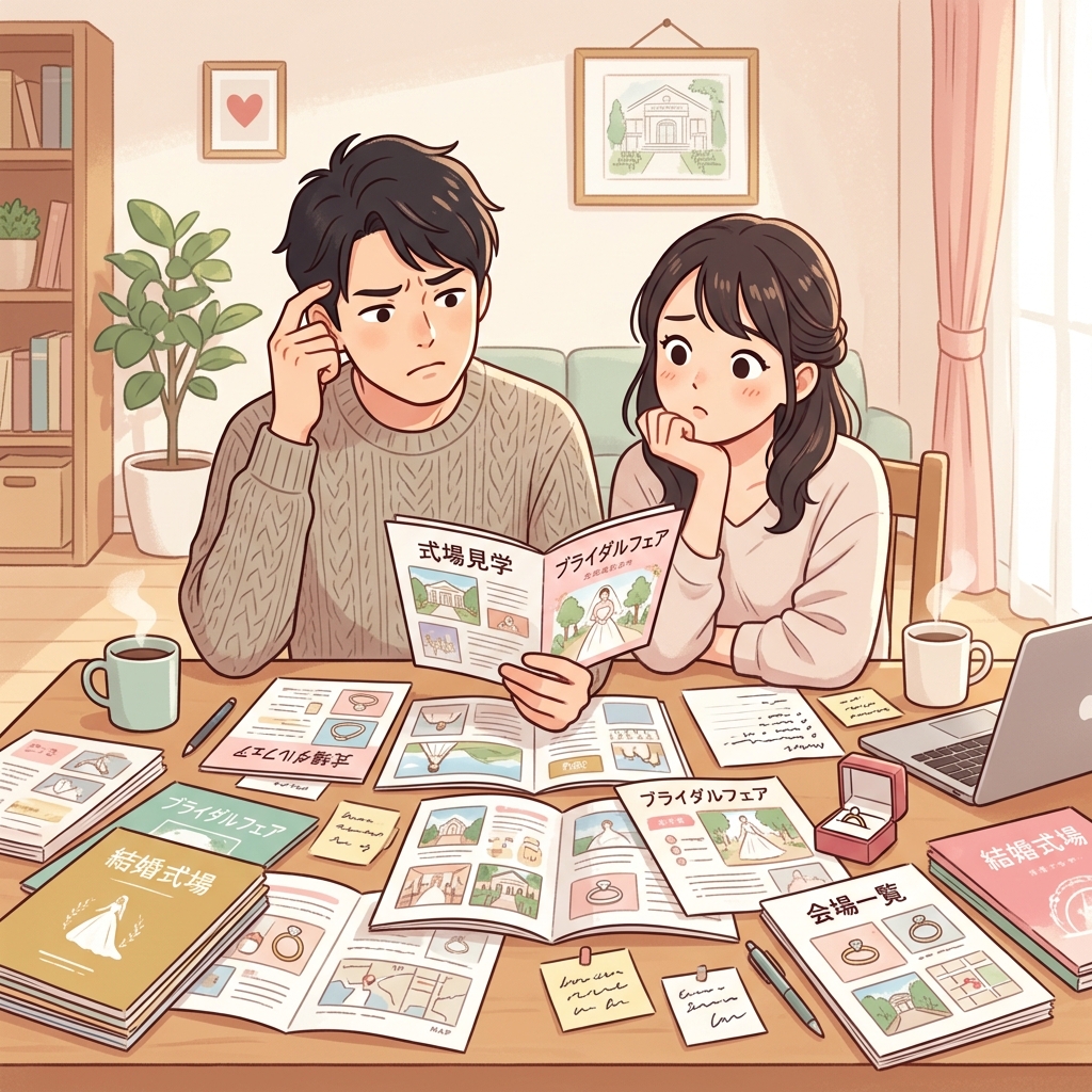 パンフレットを前に悩むカップルのイラスト。式場迷子のイメージ