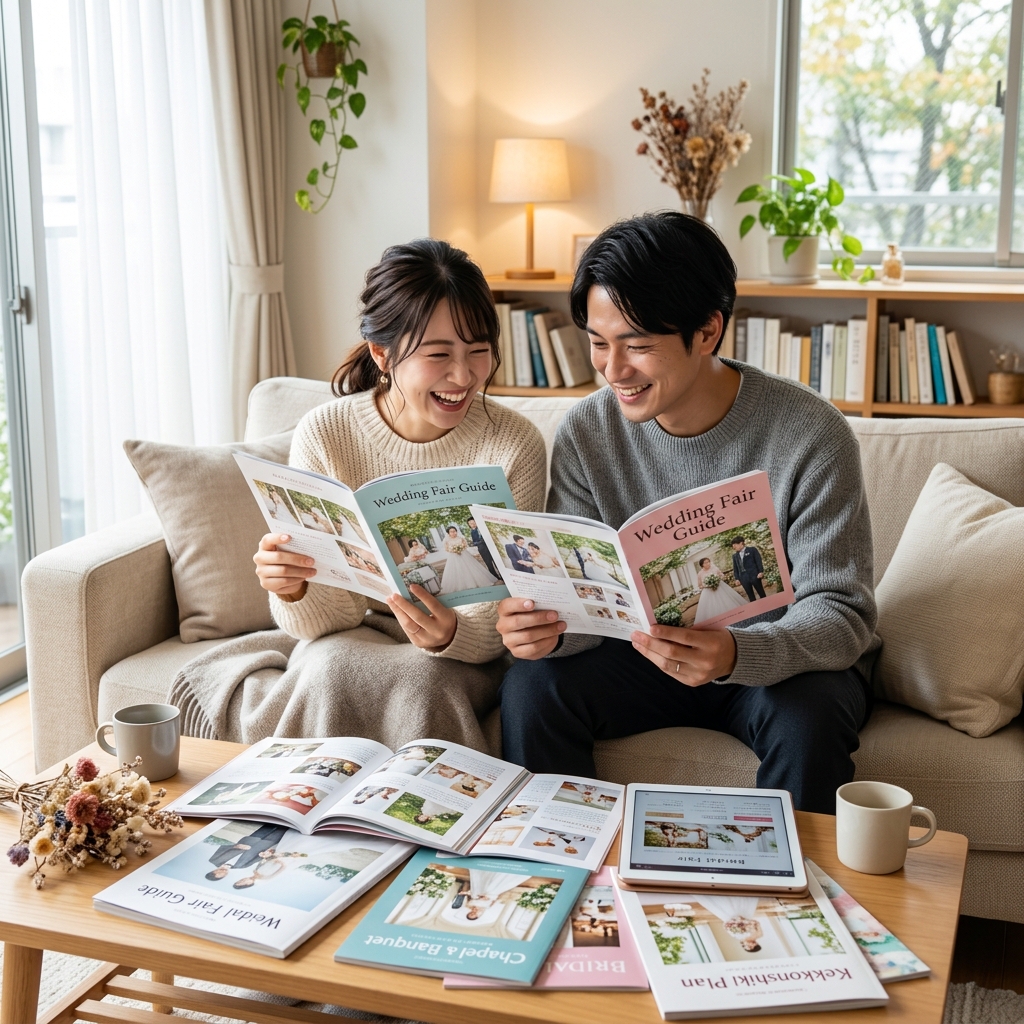 たくさんのパンフレットを広げてブライダルフェアの見学選びをするカップルのイメージ