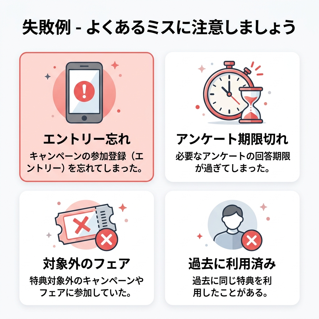 ハナユメキャンペーンで特典がもらえなくなるよくある失敗例(エントリー忘れやアンケート期限切れなど)