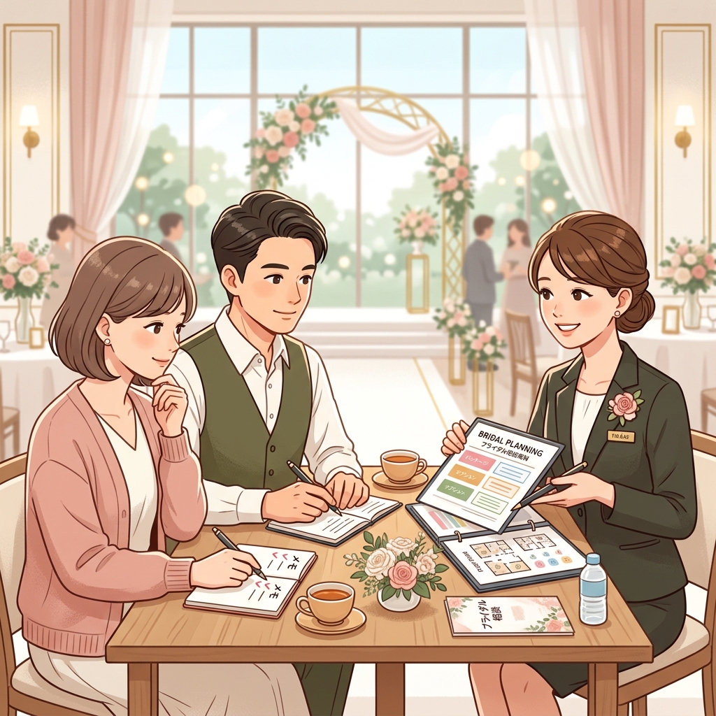 ブライダルフェアでプランナーと相談するカップルのイラスト