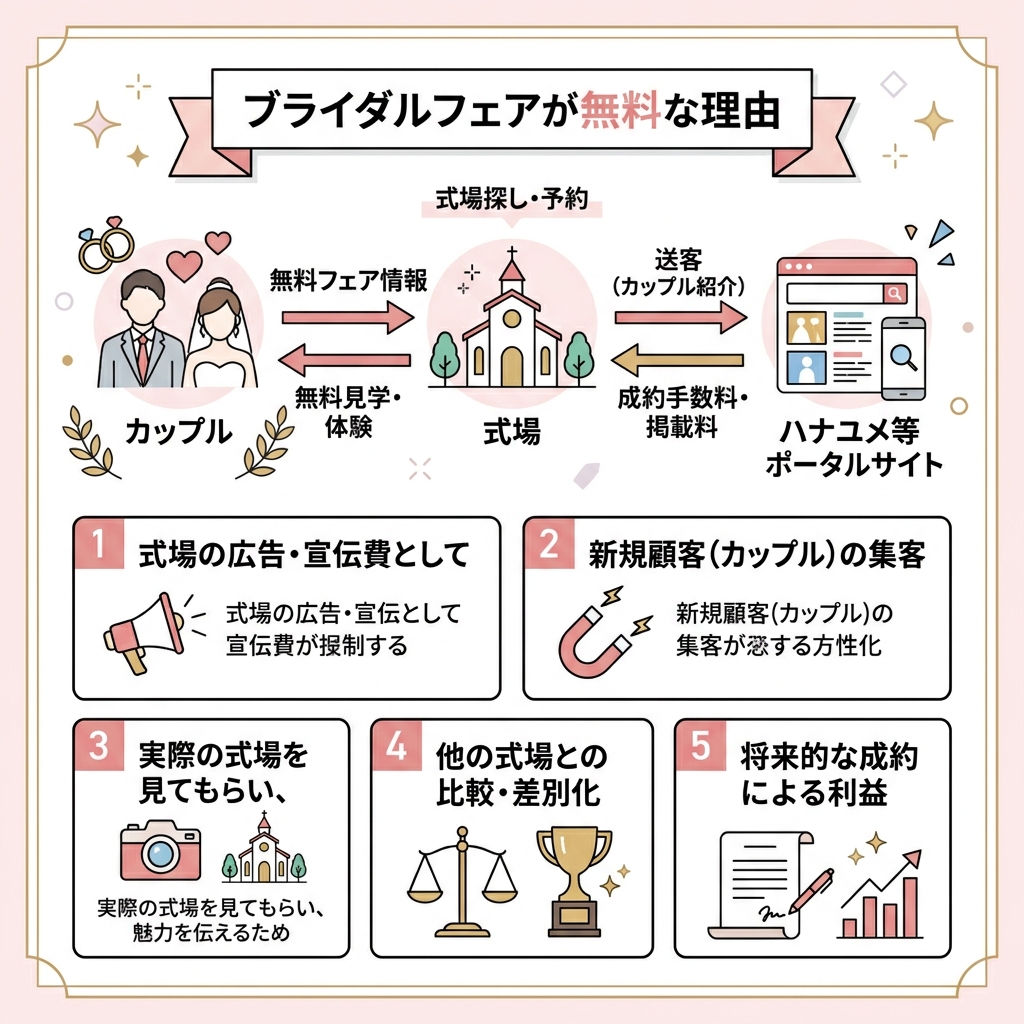 ブライダルフェアが無料な理由を図解したインフォグラフィック
