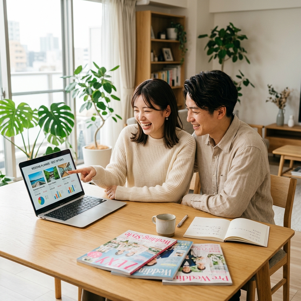 結婚式場探しキャンペーンを比較検討するカップルのイメージ