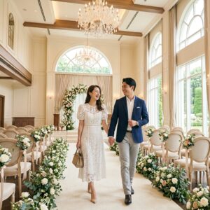 ブライダルフェアで結婚式場を見学するカップル