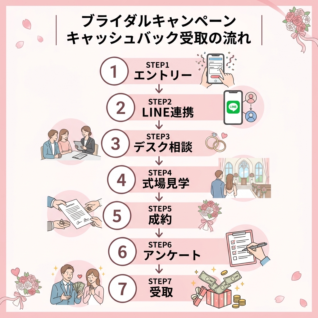 ハナユメキャンペーンで最大9万円の電子マネーをもらう7ステップ エントリーからLINE連携 デスク相談 式場見学 成約 アンケート 受取まで