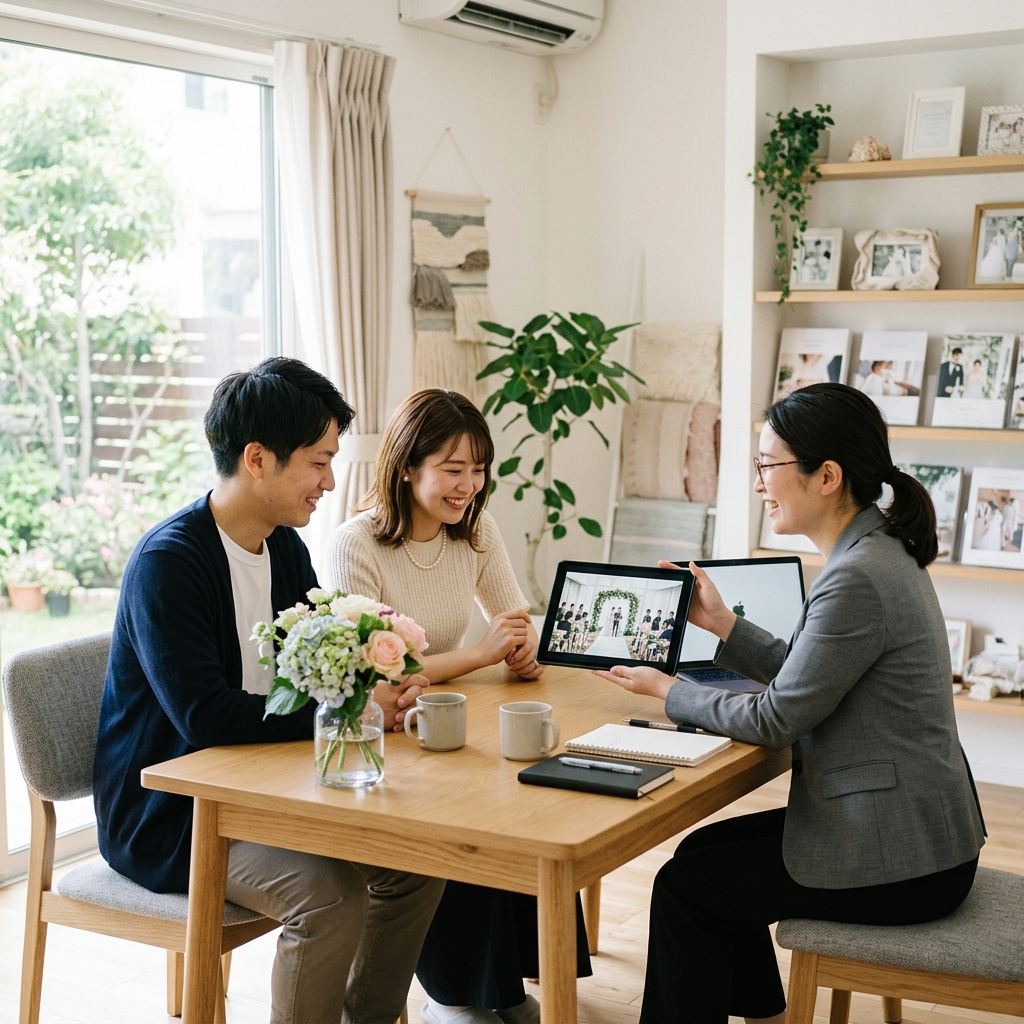 ハナユメウエディングデスクでプランナーに相談するカップル