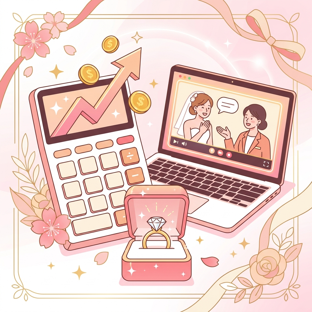 ハナユメ割による結婚式費用の大幅な節約と、便利なオンライン相談、指輪探し特典のメリットを表すイメージ