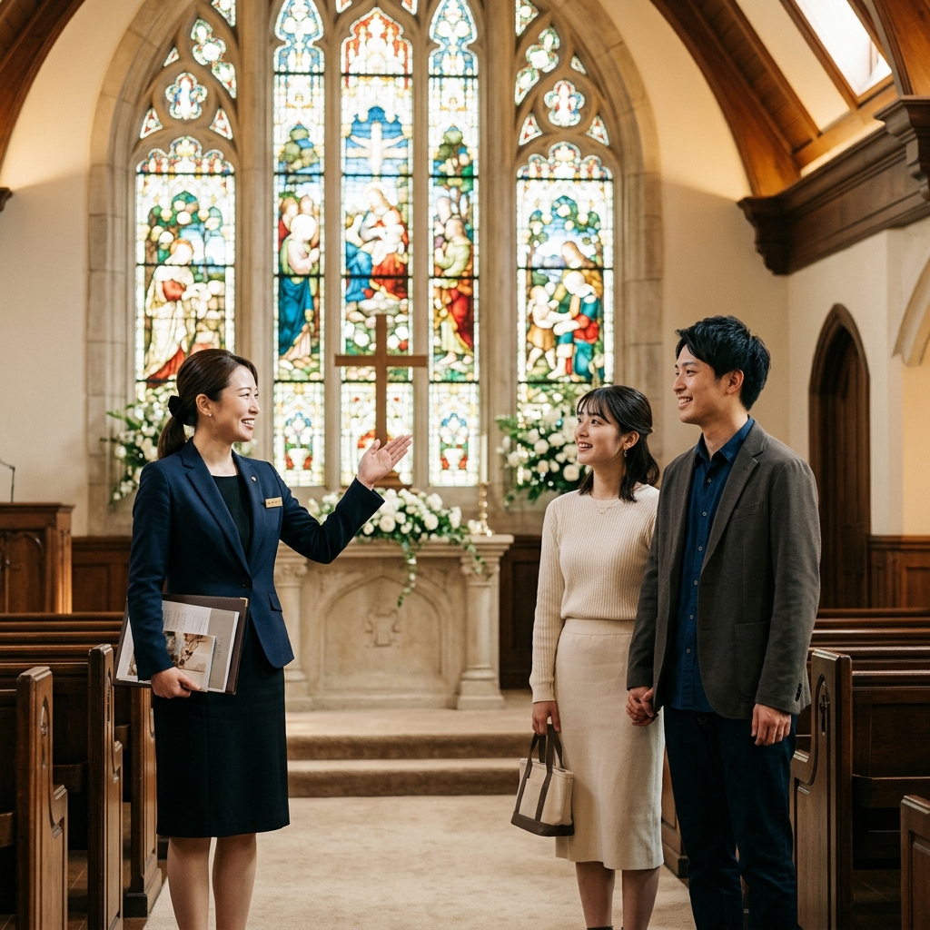 プランナーがチャペルを案内するブライダルフェアの会場見学シーン