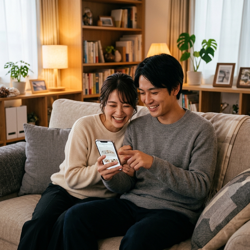 スマホで結婚指輪のキャンペーン情報を探すカップル