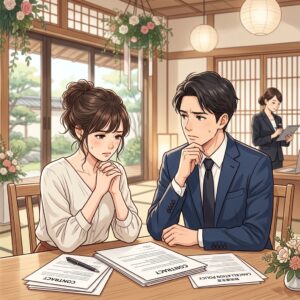 結婚式場のキャンセルについて相談するカップル