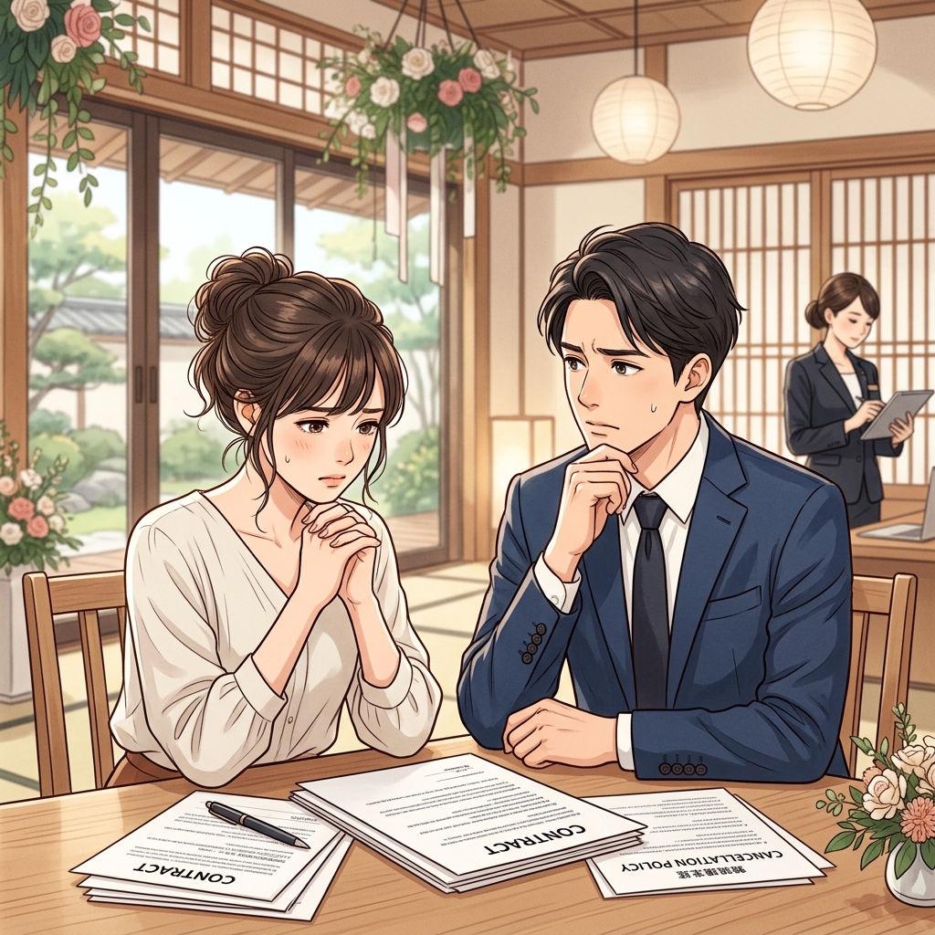 結婚式場のキャンセルについて相談するカップル