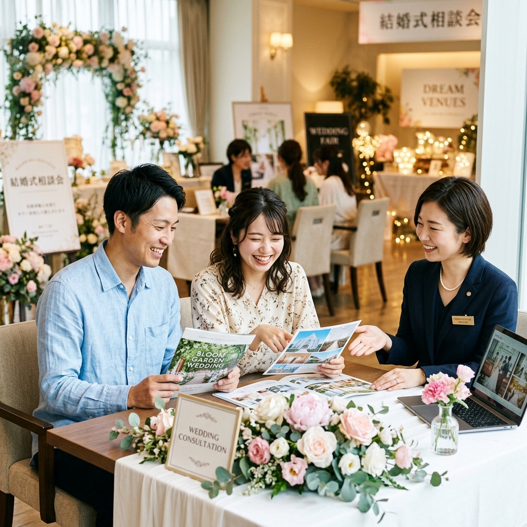 ハナユメのブライダルフェアでプレッシャーなく式場見学をするカップル