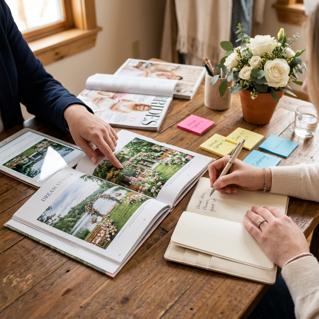 ウエディング相談デスクでプランナーと打ち合わせするカップル