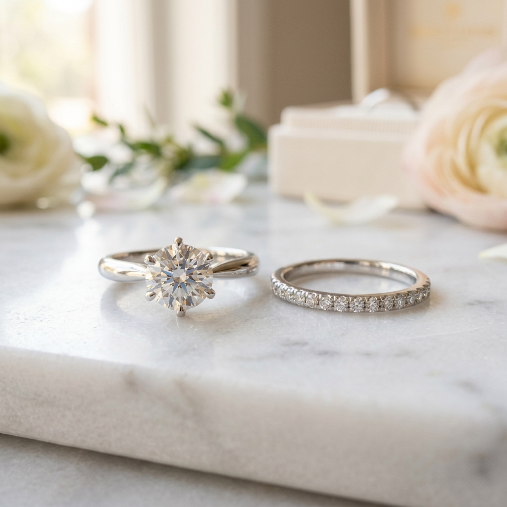 婚約指輪と結婚指輪が並んでいるイメージ