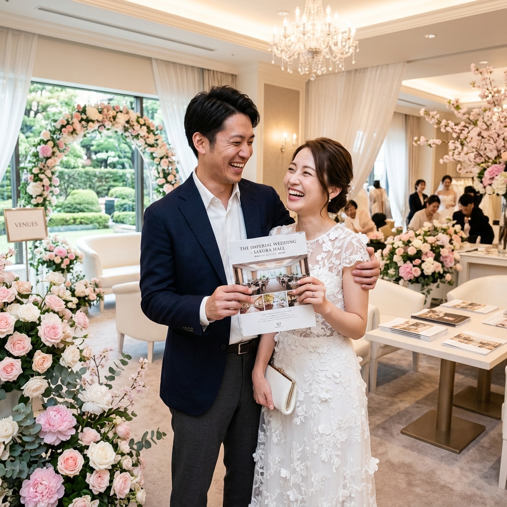ハナユメ相談カウンターで理想の式場を見つけ喜ぶカップル
