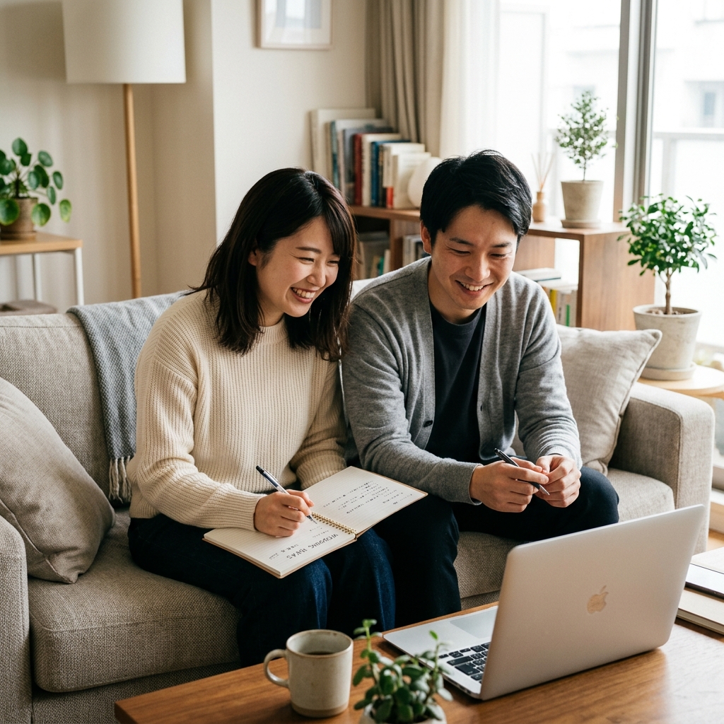 ハナユメのオンライン相談で自宅から式場探しをするカップル