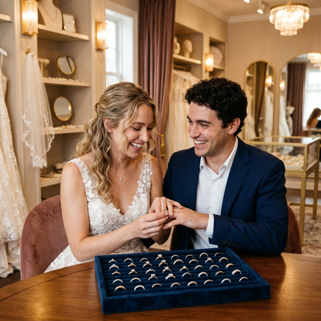 カップルがジュエリーショップで複数の指輪を比較しているイメージ