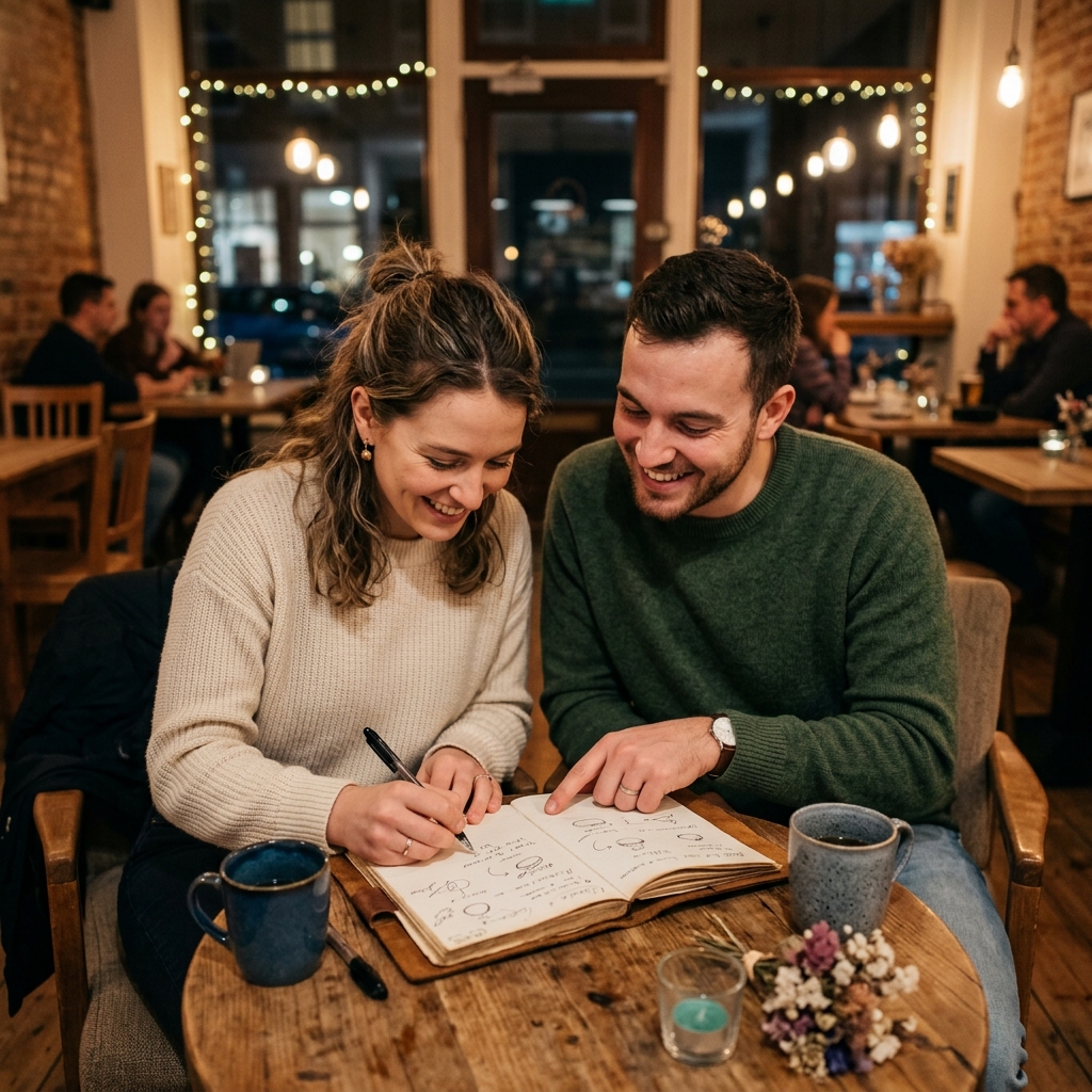 カップルがカフェでノートを見ながら刻印を決めているイメージ