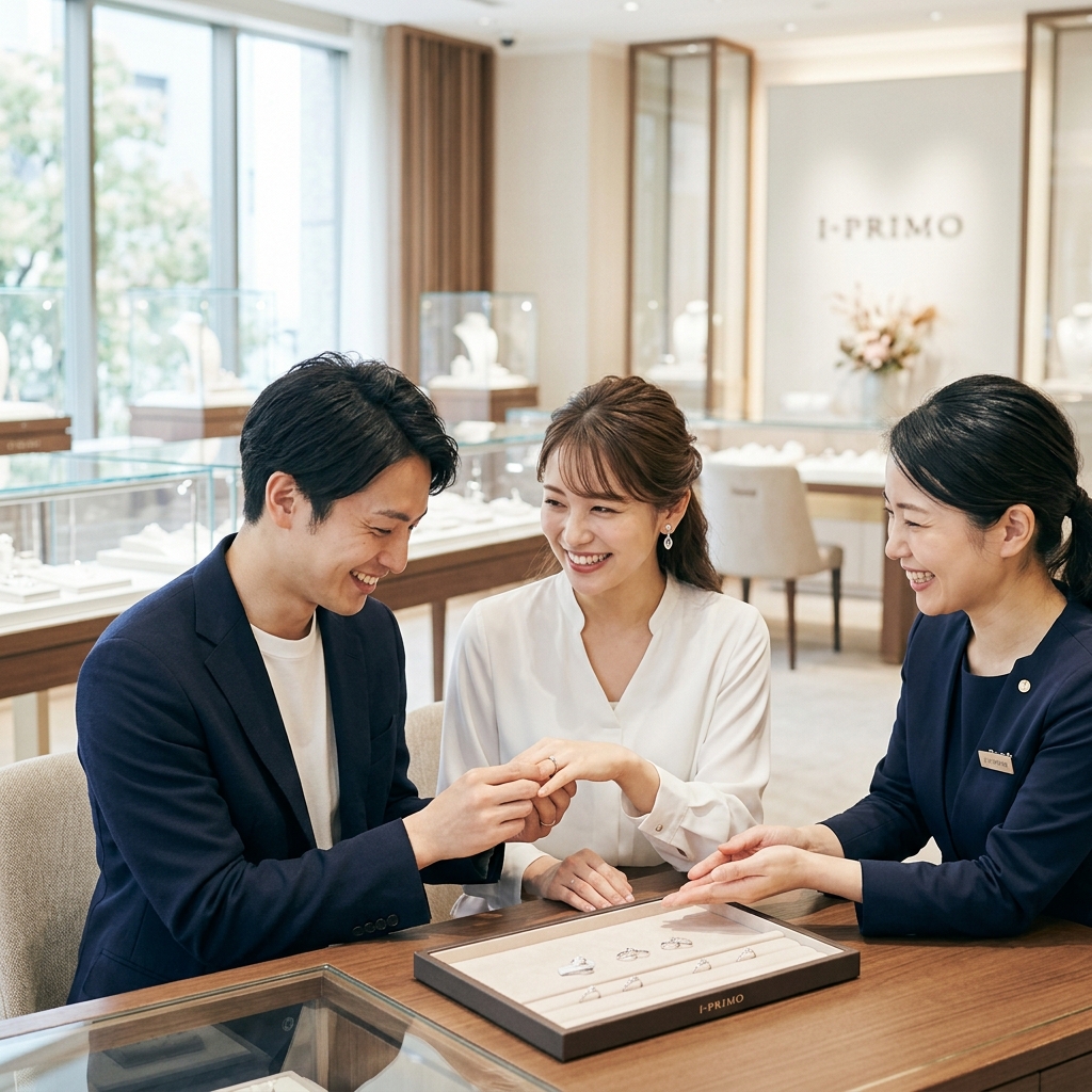 アイプリモの店舗でコーディネーターに指輪選びのサポートを受けるカップル