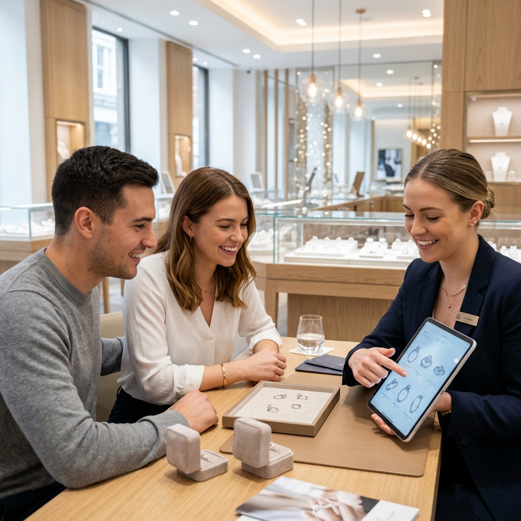 ジュエリーコーディネーターがタブレットでカップルにリングを提案しているイメージ