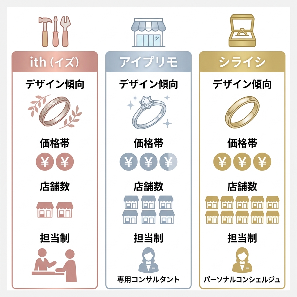 ith・アイプリモ・銀座ダイヤモンドシライシの3ブランド比較インフォグラフィック