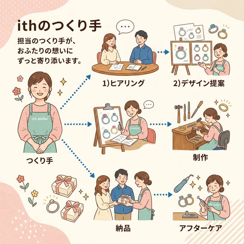 ithのつくり手担当制の流れを示したイラスト。ヒアリングから納品・アフターケアまで同じ担当者がサポート