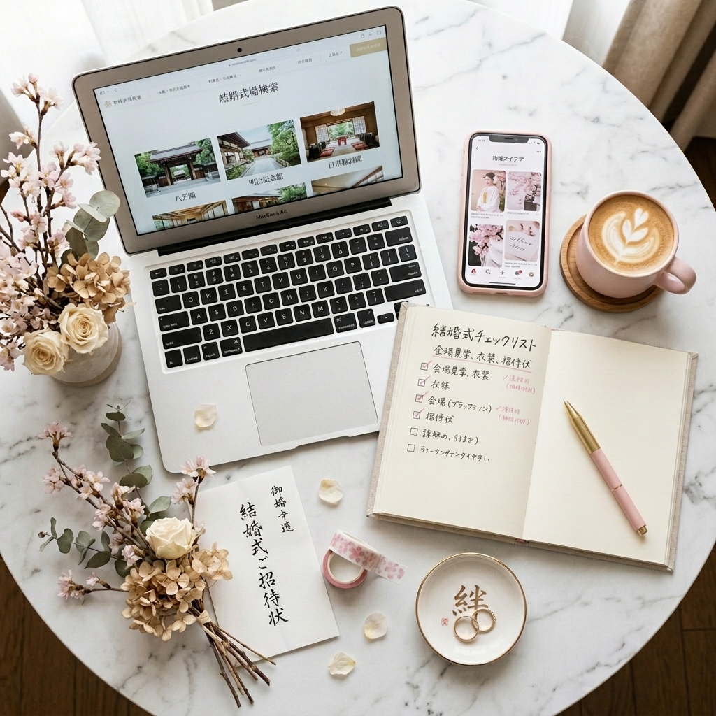 パソコンとスマホで結婚式場を比較検索しているイメージ