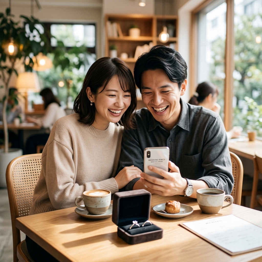 結婚指輪をお得に安く買う方法を見つけて喜ぶカップルのイメージ