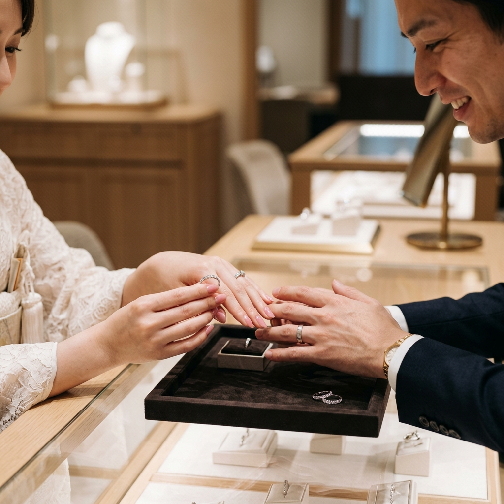 ジュエリーショップで笑顔で結婚指輪の試着をする新郎新婦の手元イメージ