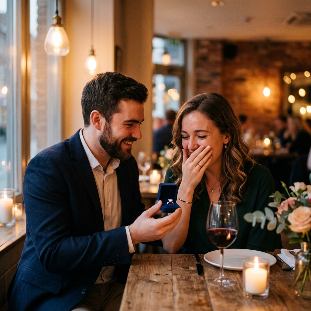 男性が女性にプロポーズして婚約指輪を渡しているイメージ