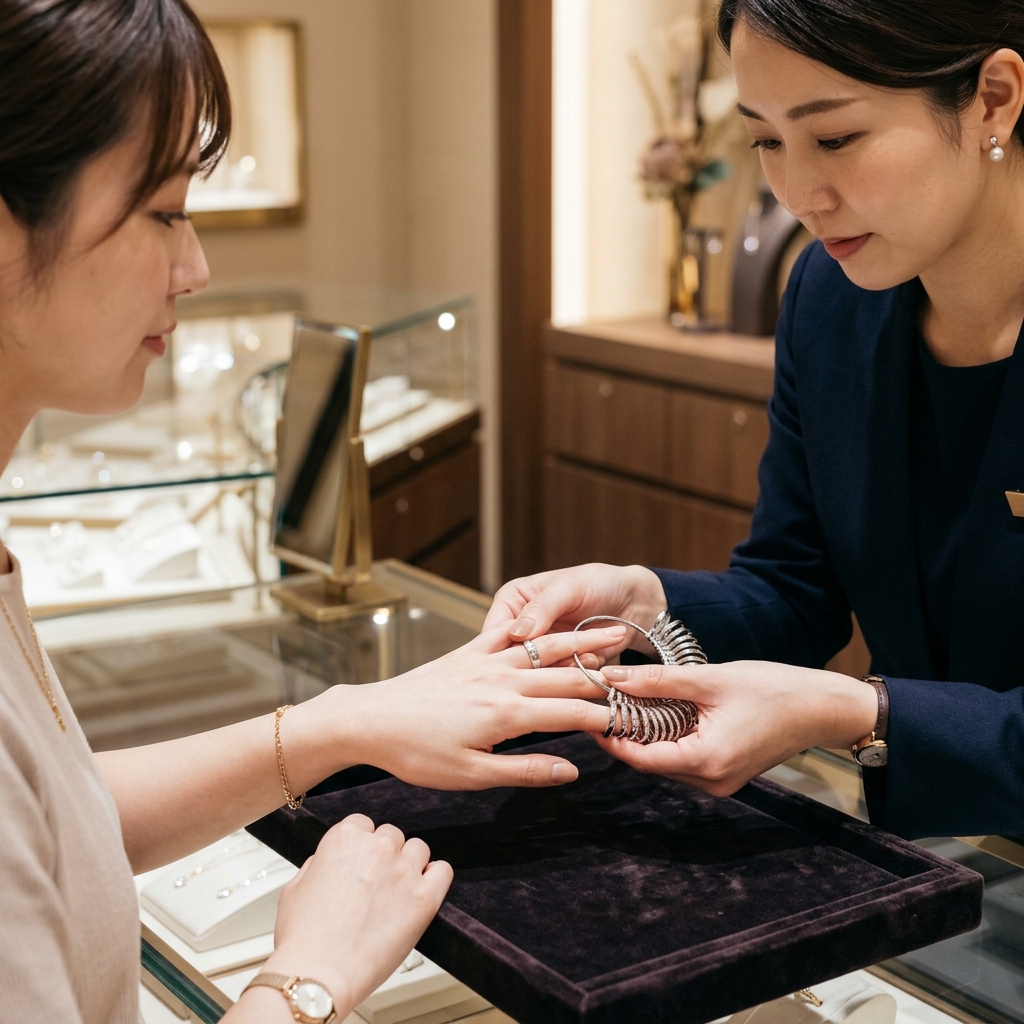 ジュエリーショップでスタッフがリングゲージを使ってサイズを測っているイメージ