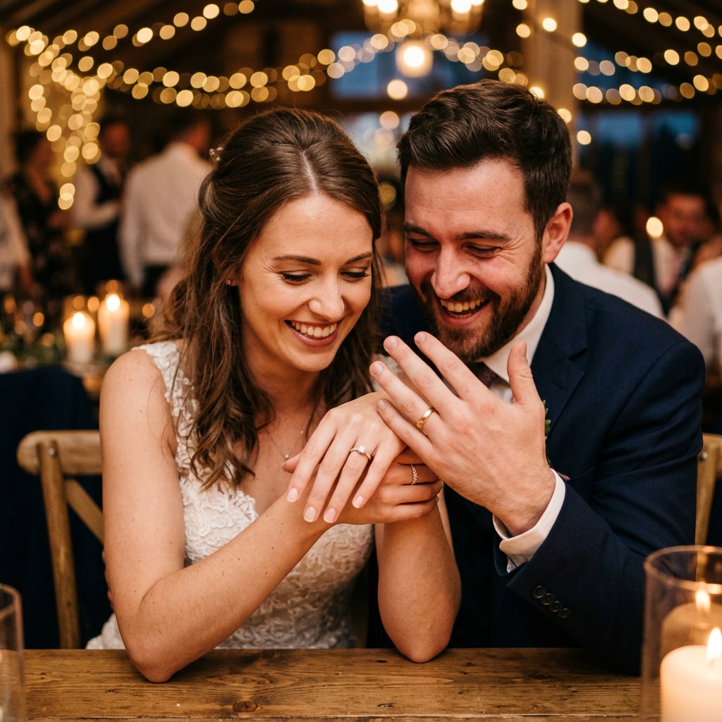 指輪を着けたふたりの手を嬉しそうに見つめるカップルのイメージ