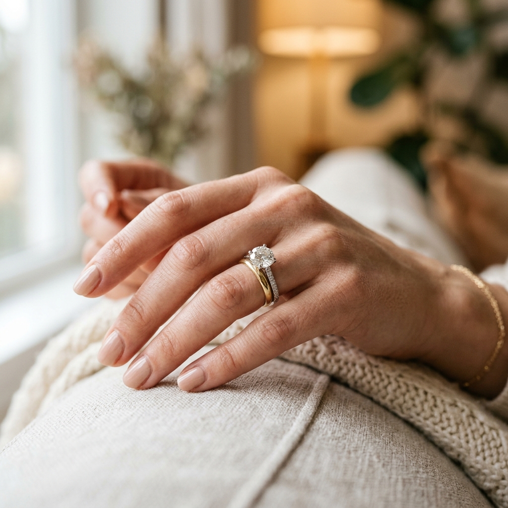 婚約指輪と結婚指輪を重ね着けした手のイメージ