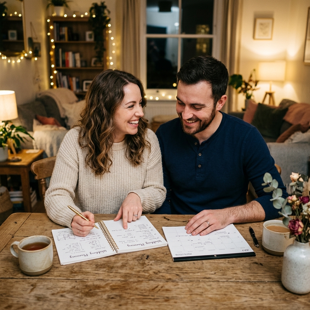 カップルが結婚の計画をノートで立てているイメージ