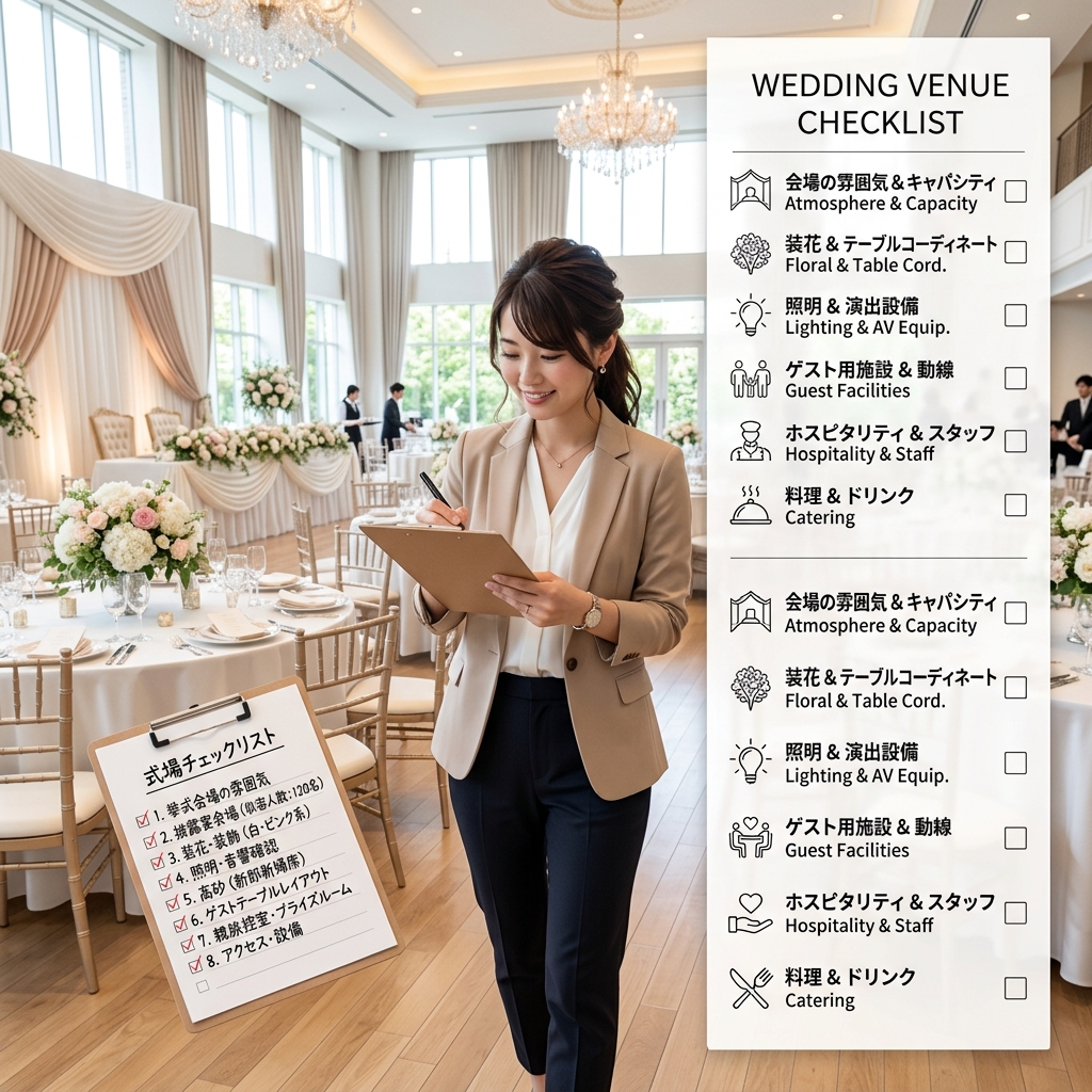 式場見学でチェックリストを使って確認するカップルのイメージ