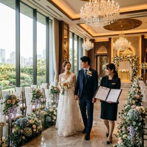 式場見学でプランナーから説明を受けるカップルのイメージ