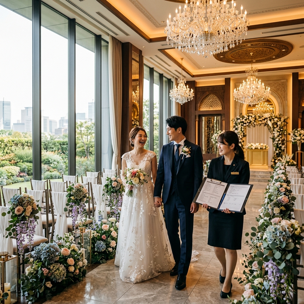 式場見学でプランナーから説明を受けるカップルのイメージ