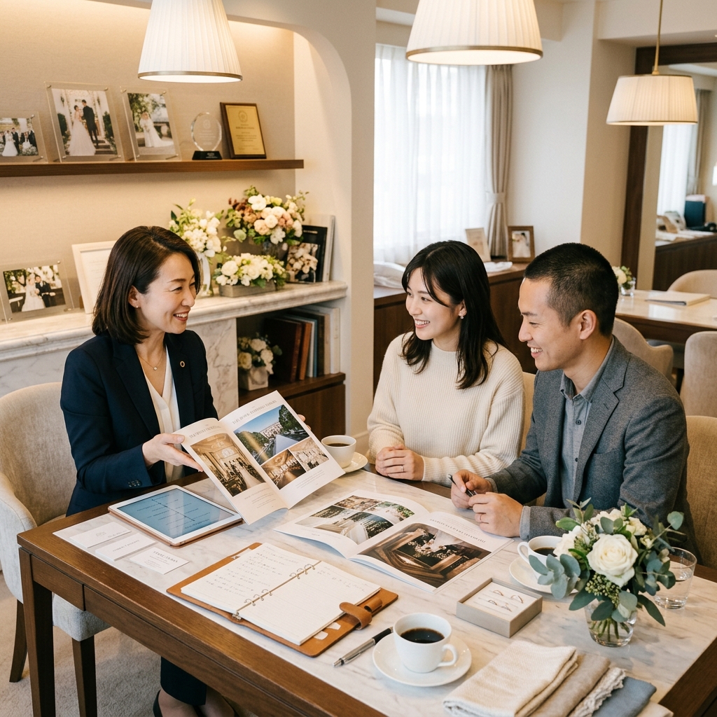 式場見学でウェディングプランナーに質問するカップルのイメージ