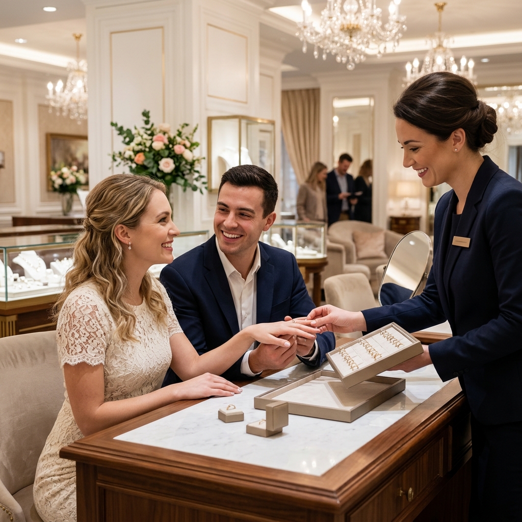 笑顔のカップルが銀座ダイヤモンドシライシで指輪を試着している様子