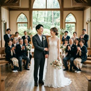 少人数でアットホームな結婚式を挙げる新郎新婦と温かく見守る家族のイメージ