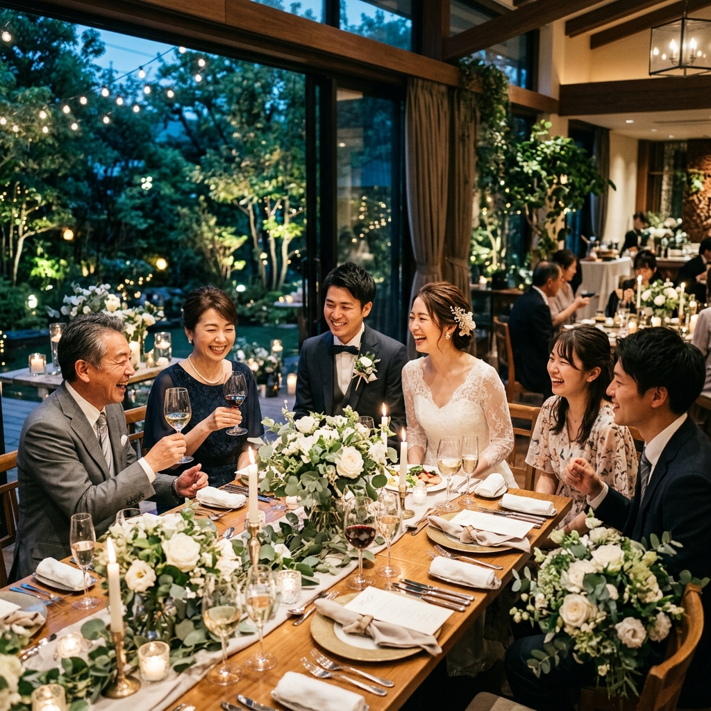 家族や親族で楽しむアットホームな結婚式の食事会・会食のイメージ