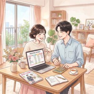 結婚式の費用相場を計算するカップルのイメージ