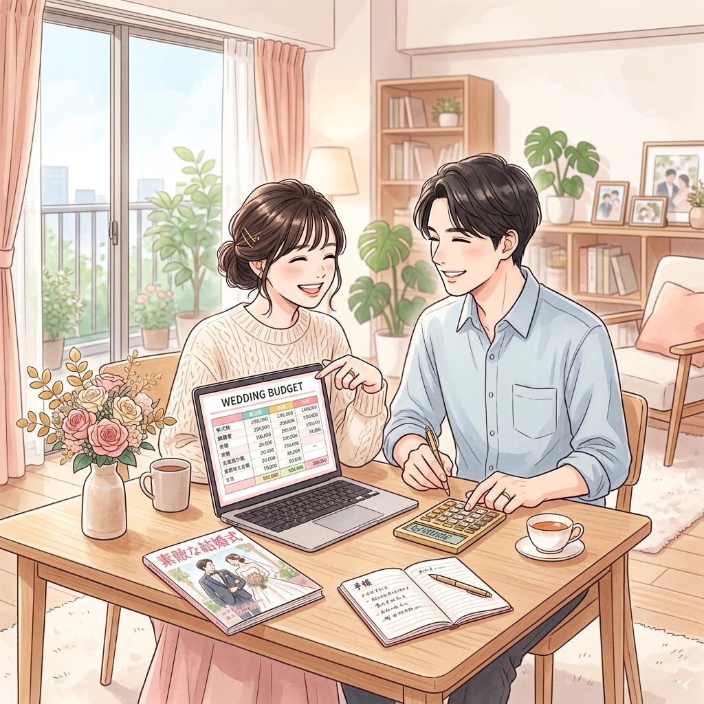 結婚式の費用相場を計算するカップルのイメージ