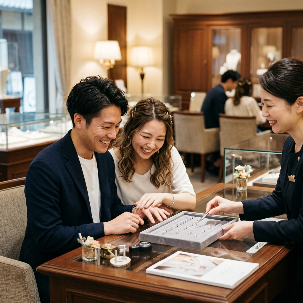 カップルがジュエリーショップで結婚指輪を選んでいるイメージ