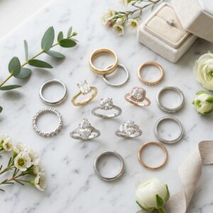 さまざまな種類の結婚指輪が並んでいるイメージ