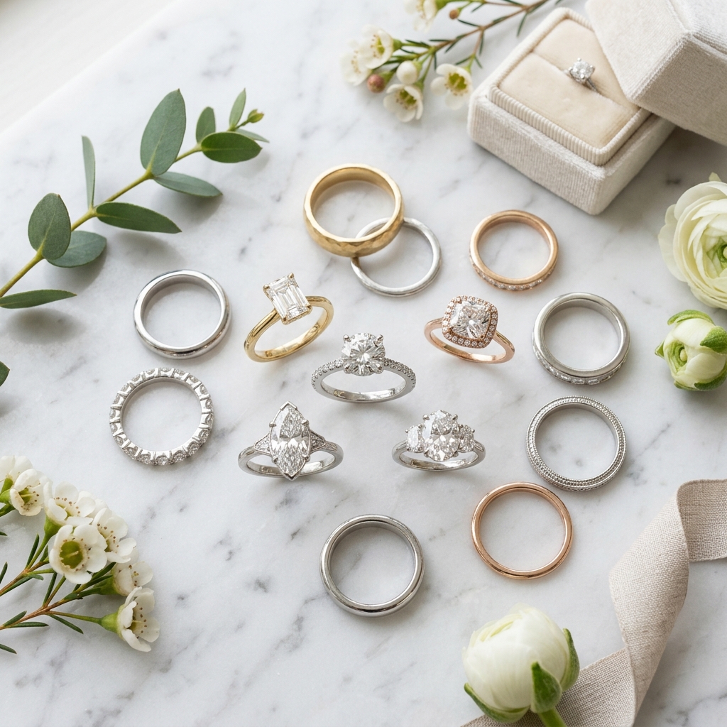 さまざまな種類の結婚指輪が並んでいるイメージ