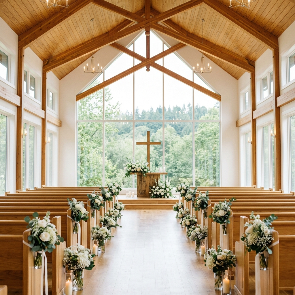 緑に囲まれた美しいチャペルのバージンロード